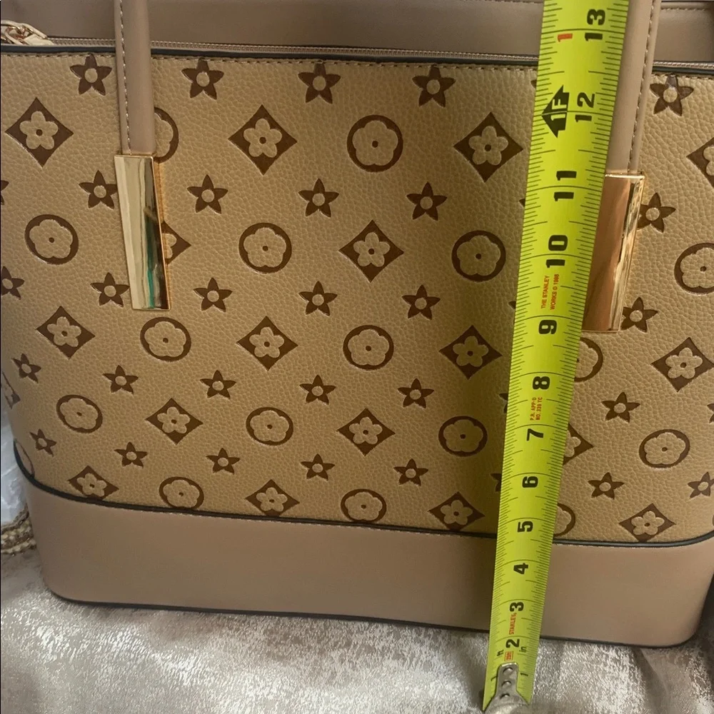 Tan Monogram-Pattern Tote Bag with Double Straps